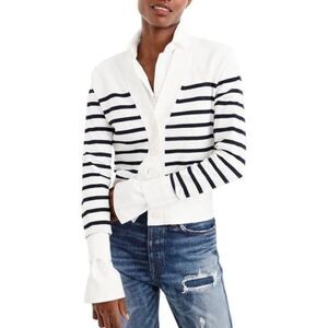 JCREW Striped Cropped Button Front Cardigan White Navy X-Large